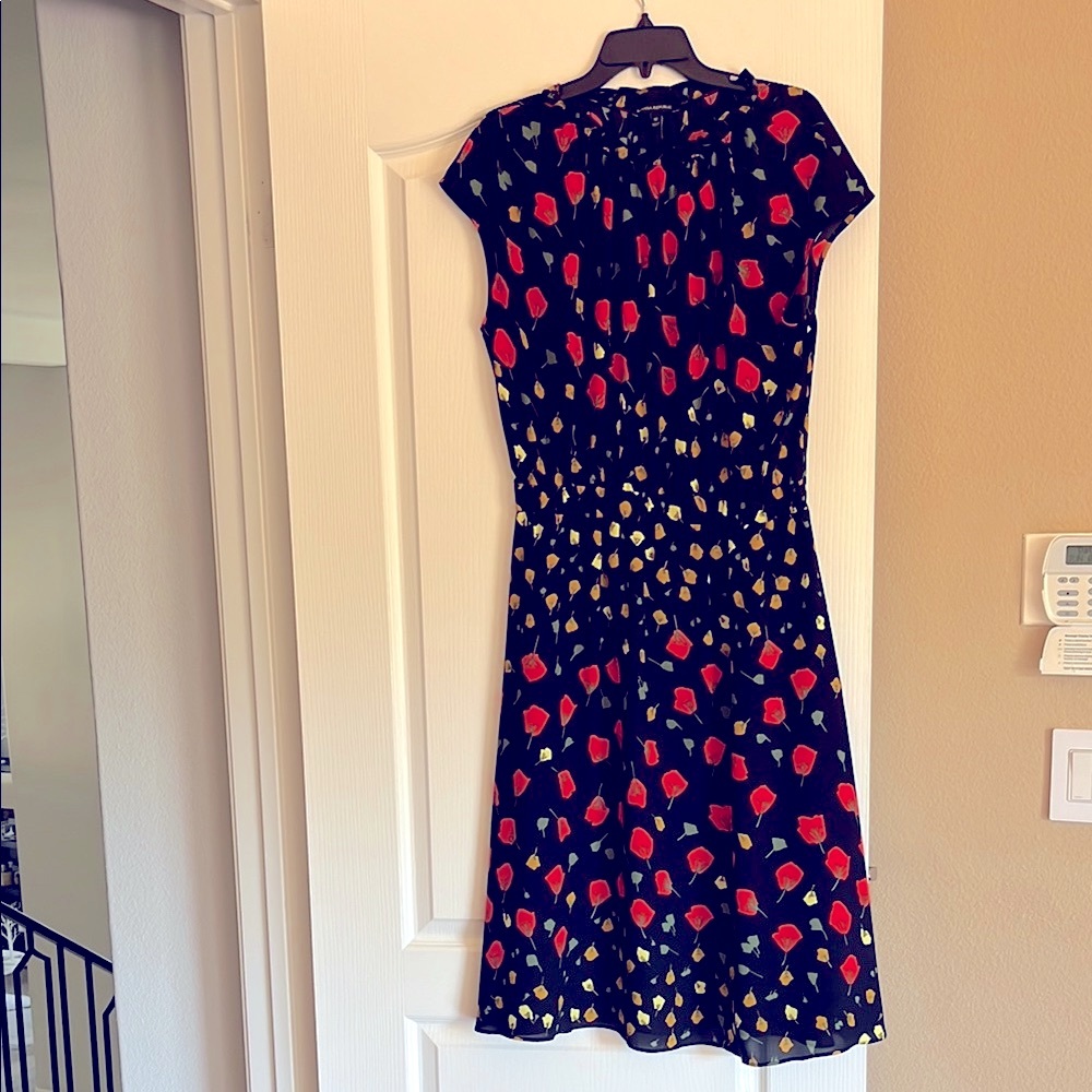 Banana Republic Red and Black A-Line Midi Dress Ruffle Neck